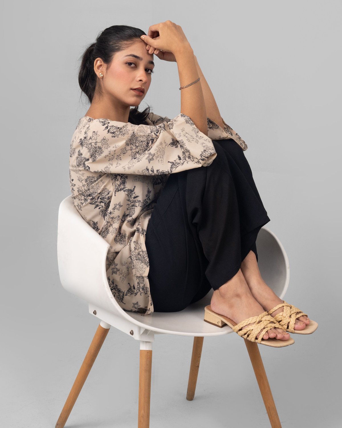 Model wearing Botanicals brown co-ord set - ELYRA