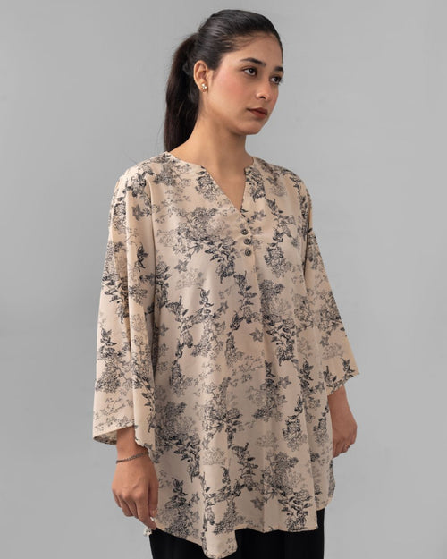 Botanicals top round V-neck detail - ELYRA