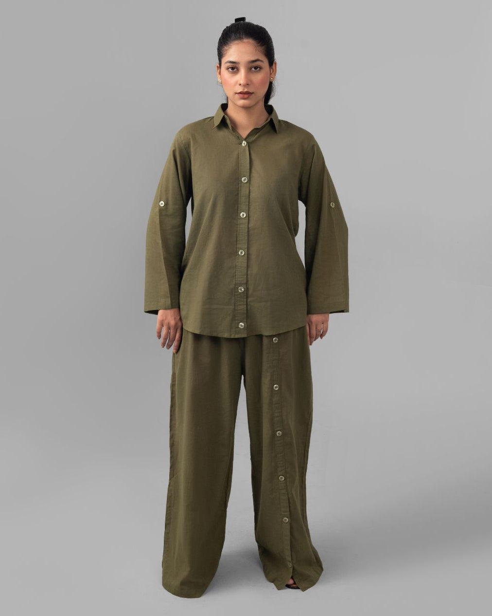 Olive green lawn shirt for women - ELYRA